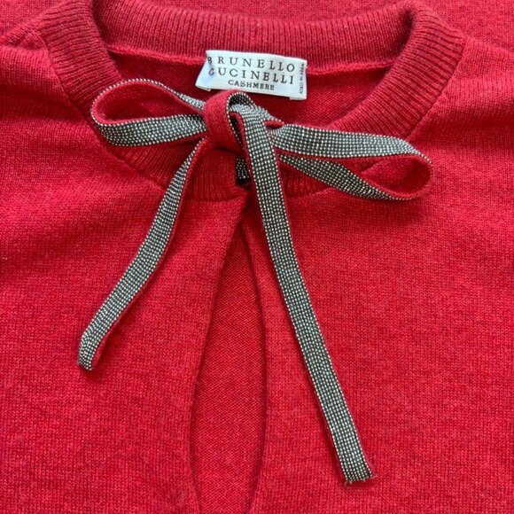 BRUNELLO CUCINELLI Red Cashmere Knit Short Sleeve V-Neck Polo M Beaded Tie - Picture 2 of 5